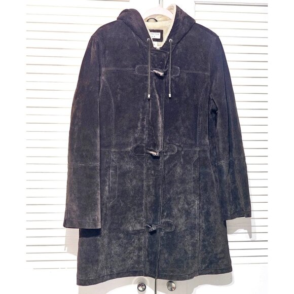 Covington Women's Brown Suede Leather Coat Faux Shearling Hood Size L 2203 - Picture 10 of 13